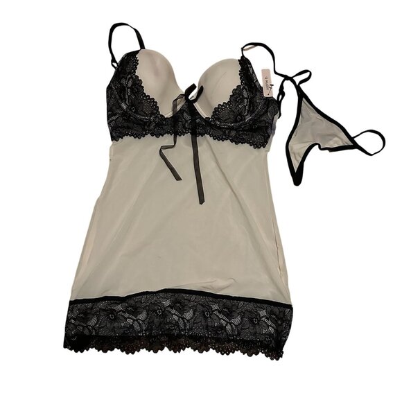 Sophie B Lingerie Slip Dress Size Medium Womens Cream Black Lace 2 piece Thong - Picture 1 of 3